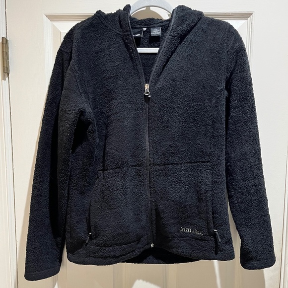 Marmot Black Full Zip Up Sherpa Fleece Hooded Jacket Women’s Large - Picture 1 of 3